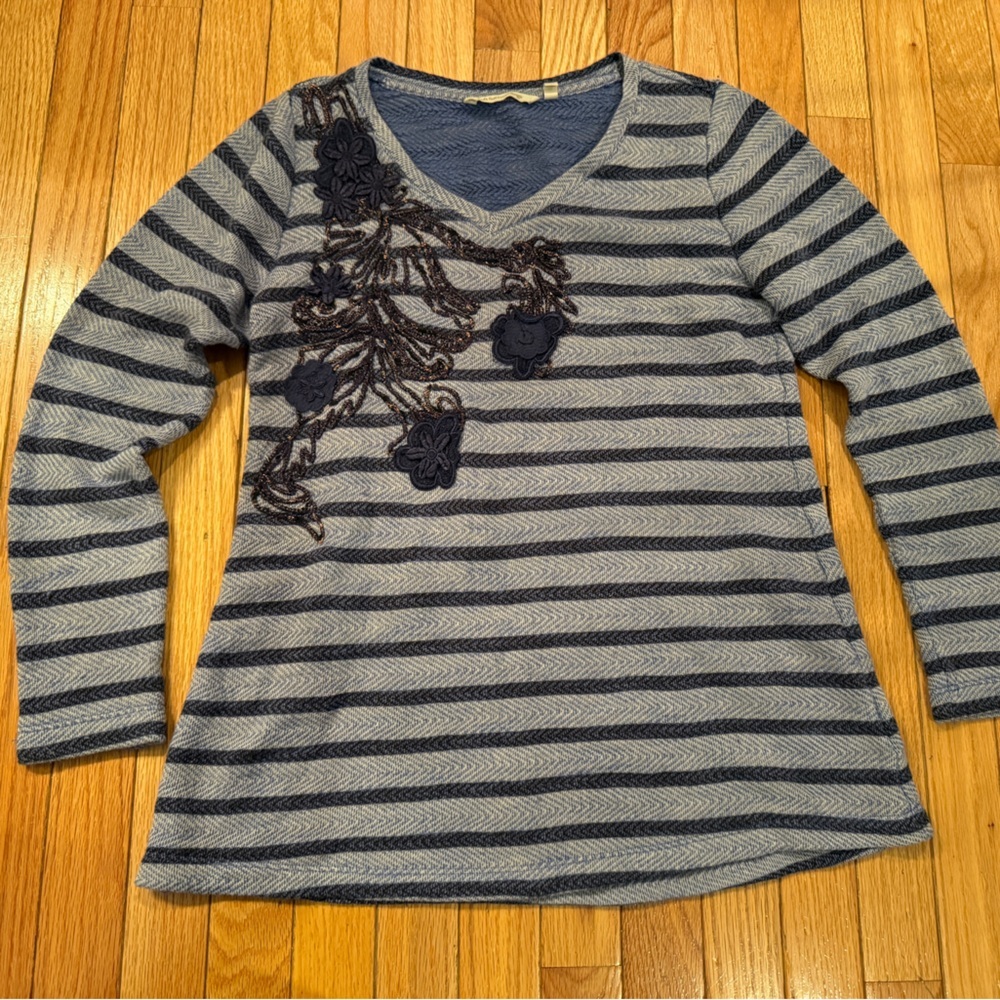 Soft Surroundings Navy and Gray Striped Long Sleeve Top